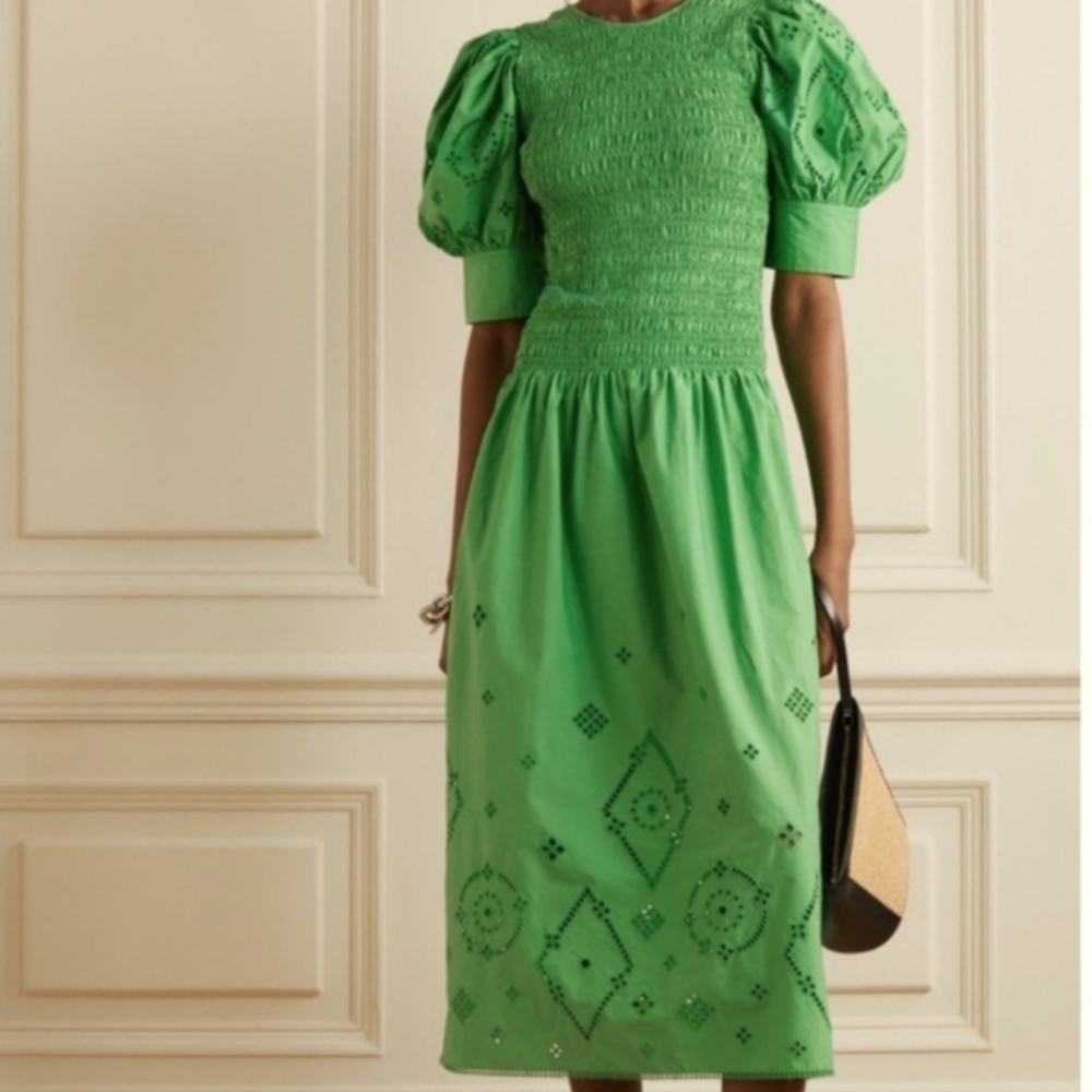 Ganni Backless Shereed Broderie Anglese Kelly Green Smocked Eyelet Midi Dress